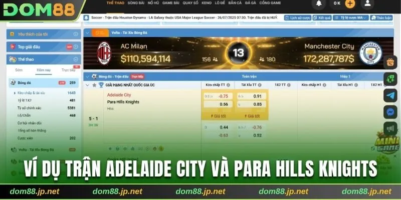 Ví dụ thực tế tại trận Adelaide City và Para Hills Knights